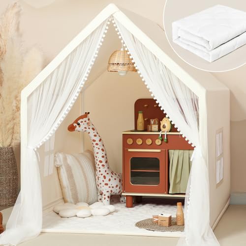 Image of Monobeach Kids Tent Beige Play Tent with Long Mesh Curtain Large Playhouse for Indoor Outdoor Play Cottage Castle Toy for Girls Boys House Gift (Beige Kids Play Tent with Mat)