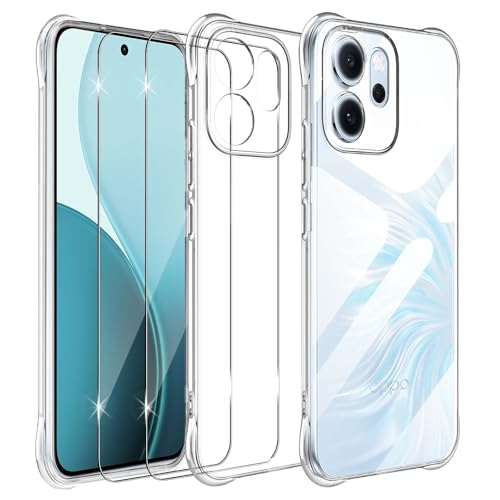 Yenwen Funda para OPPO Reno 14 FS / 14F 5G, 2 Vidrio Templado Protector de Pantalla para Reno 14 FS / Reno14 F, Carcasa Transparente de Silicona TPU Flexible