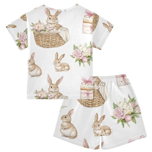 Summer Pajama Set Watercolor Easter Rabbit Pattern, Short Sleeve Sleepwear Nightwear2