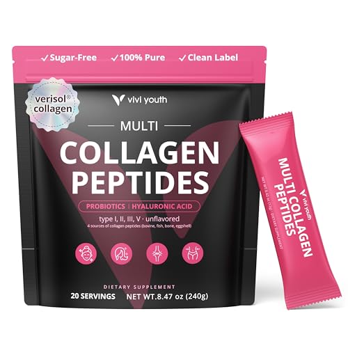 VIVI Youth Verisol® Multi Collagen Peptides Powder for Women, 16-in-1 Formula with Types I,II,III,V Collagen, Hyaluronic Acid, Biotin, Probiotics & Prebiotics, Supports Skin, Hair, Bone, Joint Health