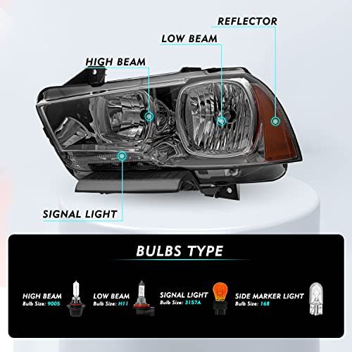Tusdar Headlight Assembly Set For 2011-2014 Dodge Charger R/T Se Srt8 Replacement Oe Headlamp Driver And Passenger Side Amber Reflector With Smoke Lens #TOP2