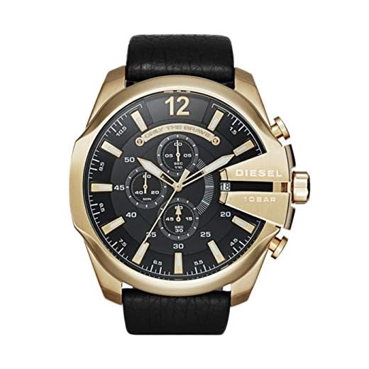 Diesel Reloj para hombre Mega Chief, movimiento cronógrafo, caja de 51mm de acero inoxidable dorado con correa de piel, DZ4344