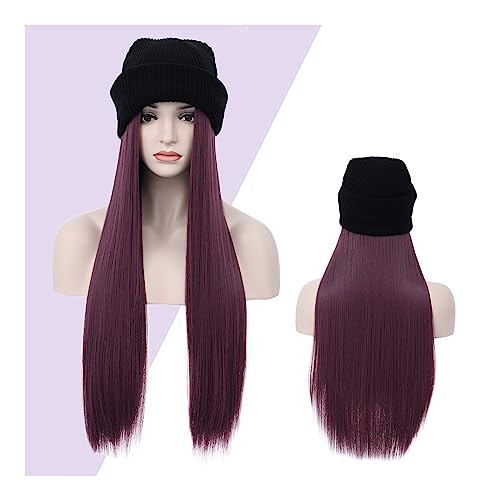 JUNXIAN Wig Cap Long Straight Hair Hat Wig 28 Inch Natural Black Hair Synthetic Fiber Knit Hat Wig Women Daily Wear Wig Hat(AT180-96A)