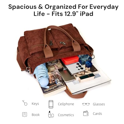 Image of YDF Corduroy Tote Bag for Women Crossbody Purse with Zipper, Aesthetic Multi Pocket Work School Bag, Gifts for Mom Teacher