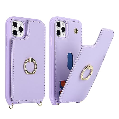 Image of for iPhone 11 Pro Phone Case with Card Holder and Strap for Women,Crossbody Lanyard,Kickstand Ring Stand,Snap Clasp,Phone Wallet Cases 5.8 inch(Purple)