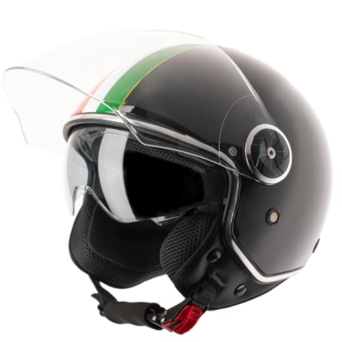 VINZ Neiva Casco Jet con Doble Visera | Casco Scooter & Moto & Ciclomotor | con Visera Solar & Bandera Italiana | ECE 22.06 Homologado | En Tamaño XS - XXL | para Hombre y Mujer - Negro