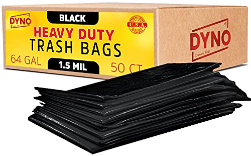 Image of Dyno Products Online 64 Gallon Heavy Duty Trash Bags, 50 Count, 1.5 Mil Black - Individually Folded, Industrial Strength, Made in USA