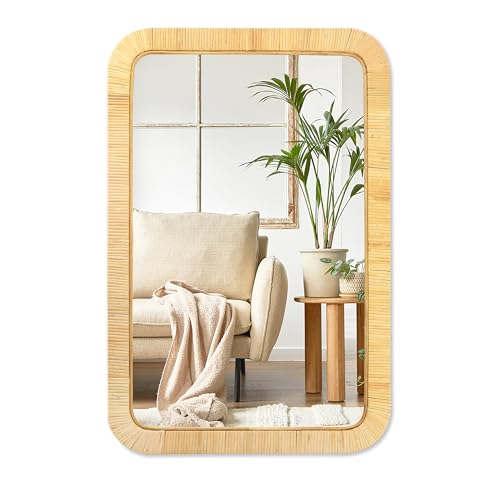 PERFNIQUE Rattan Mirror, 30'' x 20" Rectangle Boho Bathroom Mirror,