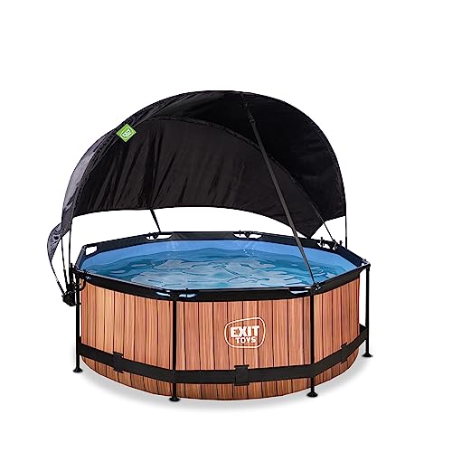 EXIT Toys Wood Pool mit Sonnensegel - ø244x76cm - Kompakte, Runder Rahmenpool mit Kartuschenfilterpumpe - Optimaler UV-Schutz - Leicht Zugänglich - Starker Rahmen - Einzigartiges Design - Braun