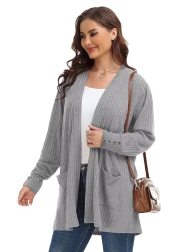 Image of MONNURO Plus Size Open Front Cardigan Sweaters for Women Lightweight Long Sleeve Fall Coat with Pockets(O-Gray,5X