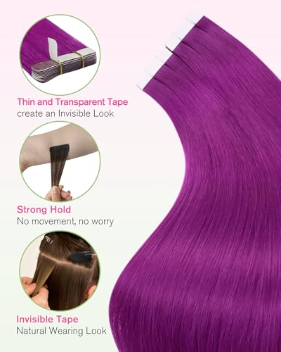 Image of YoungSee Hair Extensions Tape in Purple, Tape in Extensions Human Hair Colored, Tape Extension, Blend Naturally with Your Natural Hair, 25g 10pcs 20 Inch, for Girls