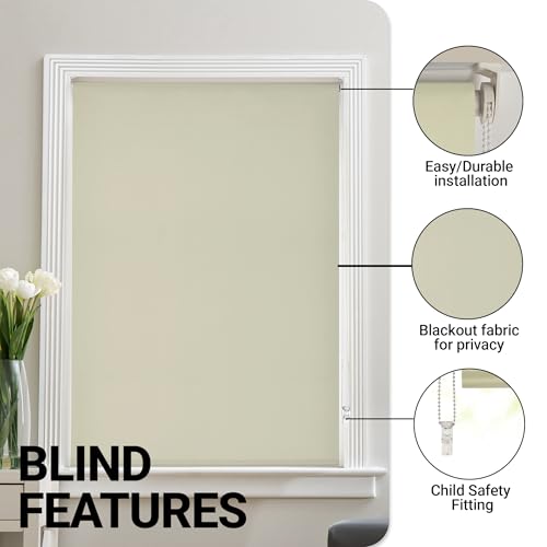 Image of Deco Window 100% Blackout Roller Blinds for Windows 3Ft x 7Ft (W x H) Sun, UV Protection & Glare Resistant for Home & Office-Ivory