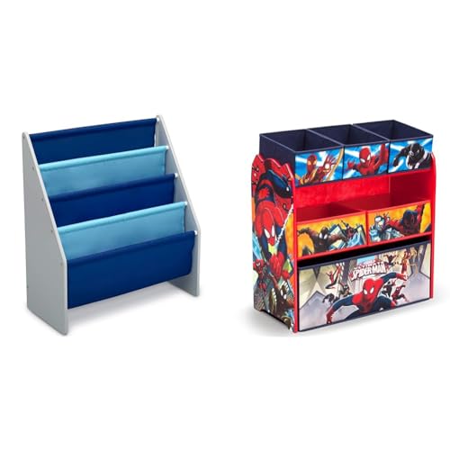 Image of Delta Children Sling Book Rack Bookshelf Grey /Blue and Spider Man Toy Organizer with Engineered Wood Bins