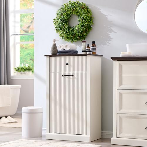 Image of IFBUY Tilt Out Laundry Hamper Cabinet, Modern Trash Can Cabinet, White