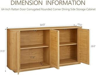 LKTART 64" Sideboard Buffet Cabinet with Storage, Wooden Fluted Storage Cabinet Sideboard with Adjustable Shelves Pressed Spring Rattan Doors for Kitchen Living Room (Natural)