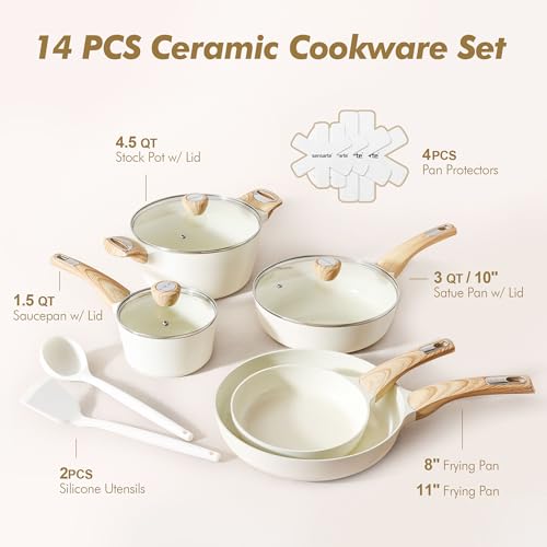 SENSARTE Ceramic Cookware Sets, Pots and Pans Set Non stick, Granite Induction Cookware, Non toxic Healthy Non Stick Kitchen Cooking Set, with Frying Pans Set, PFAS PTFE PFOA PFOS Free,14 Pcs