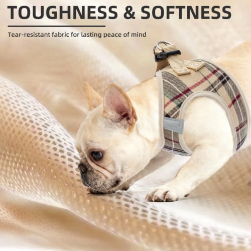 Image of PUPTECK Adjustable Pet Harness Collar and Leash Set for Small Dogs Puppy and Cats Outdoor Training and Running with Classic Beige Plaid Pattern