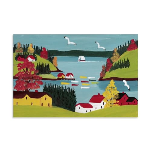 Générique Maud Lewis Impression Murale Art Populaire Sandy Crique Avec Huit Bateaux, Lac Paysager, Bateaux Et Maisons Villageoises Colorées Peintures À...
