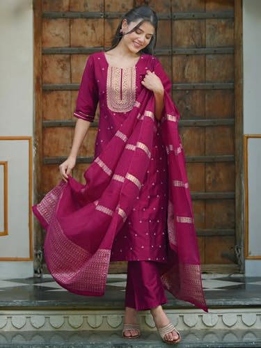 Image of Libas Womens Embroidered Silk Blend Straight Kurta With Trousers and Dupatta | ethnic wear | bridal suit | wedding dress | occasion wear