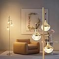 Fiqevs Mid Century Modern Floor Lamp with LED Bulbs & Elegant Ribbed Globe Shade, 3-Light Gold Standing Lamp for Living Room, Bedroom, Office - Antique Brass