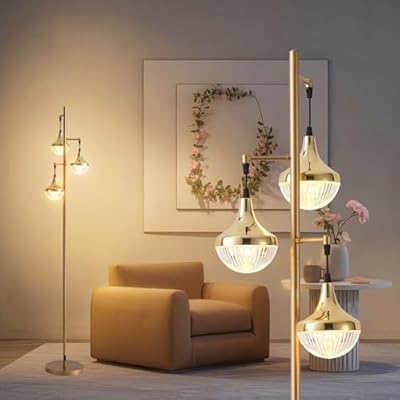 Fiqevs Mid Century Modern Floor Lamp with LED Bulbs & Elegant Ribbed Globe Shade, 3-Light Gold Standing Lamp for Living Room, Bedroom, Office - Antique Brass