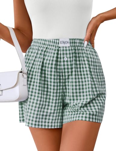 Image of LOMON Womens Boxer Shorts Casual Summer 2026 Pajama Lounge Sleep Pj Gingham Plaid Shorts Y2K Beach Bottoms