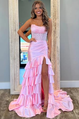 Tiered Satin Mermaid Prom Dresses for Women 2025 Long Corset Strapless Formal Gowns and Evening Dresses with Slit3