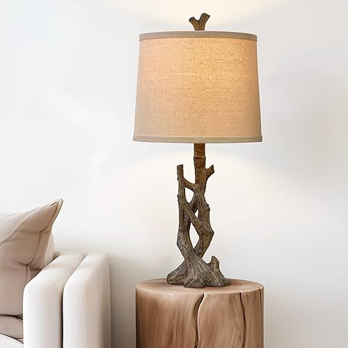 OYEARS 23" Rustic Farmhouse Table Lamp Country Cottage Lamps for Nightstand Tree Trunk Wood Grain Lamp for Bedroom Living Room with Oatmeal Fabric Round Shade Resin Bedside Lamp - Image 3