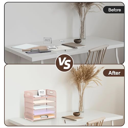 Image of 2 Pack 5-Tier Pink Desk Organizer with Handle Mesh Desk File /Paper Organizer Letter Tray for Office, School, Classroom and Home Easy Installation