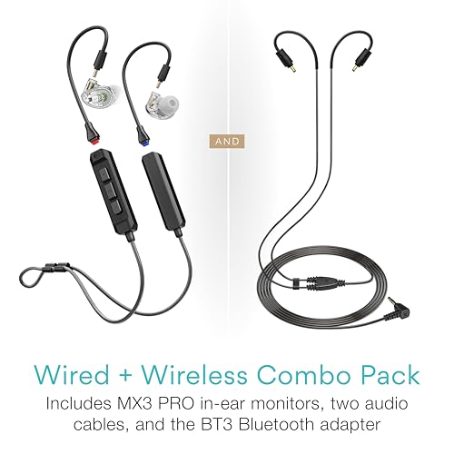 Image of MEE audio MX3 PRO Musicians' in-Ear Monitors Wired + Wireless Combo Pack: Includes MX3 PRO Triple-Driver Hybrid IEMs, 2 Cables, and Hi-Res Bluetooth Audio Adapter w /aptX, LDAC, & Headset (Clear)