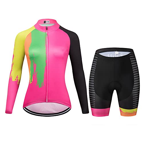 Maillot cyclisme respirant manches longues femme rose et short anti-humidité toutes tailles