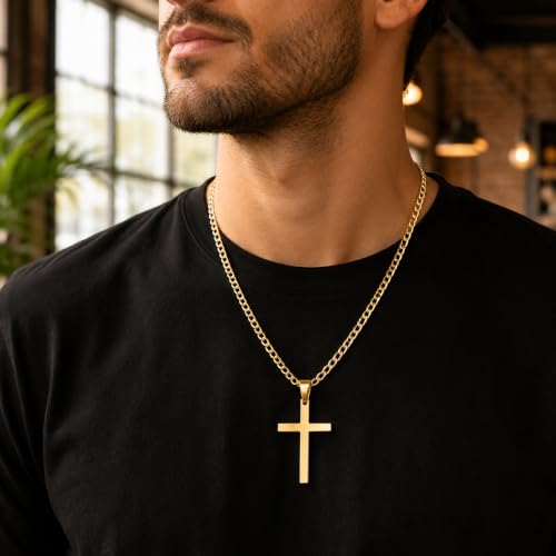 Image of CaptainSteeL Stainless Steel Cross Necklace for Men, Figaro Chain Pendant