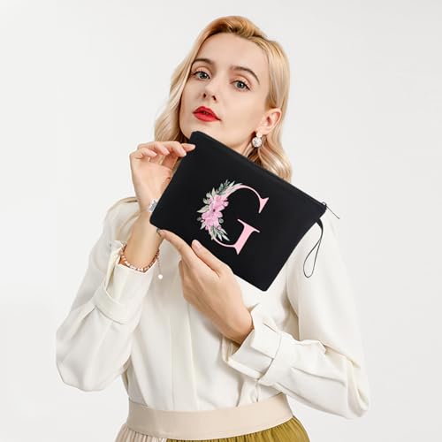 Image of Vavabox A-Z Personalized Makeup Bag, Birthday Gifts for Women Mom, Gifts for Best Friend, Bride Bridesmaid Cosmetic bag (G, 02-Black)