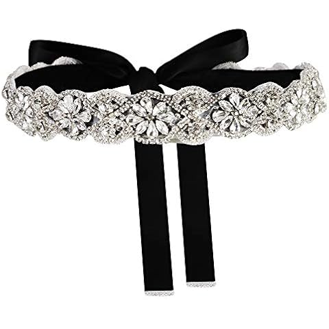 yanstar Handmade Wedding Bridal Belts and Sashes Silver Crystal Rhinestone Black Ribbon Belt for Wedding Bridesmaid Prom Gowns Cover