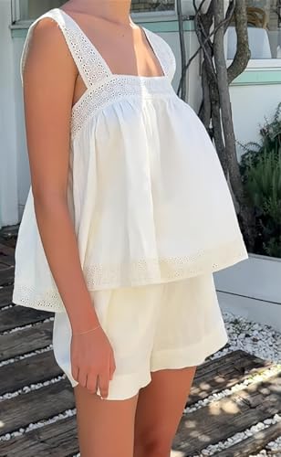 Womens Summer 2 Piece Short Sets Sleeveless Top and High Waist Wide Leg Shorts Cotton Pajamas Set2