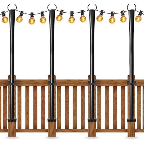 4 Pack String Light Poles for Deck 5Ft Upgraded Heavy-Duty Metal Deck Light Poles for Outside with Fixing Clips Lighting Hanging Post Accessories for Patio Decor Garden Backyard Yard Fence Porch