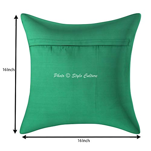 Image of Decorative Brocade Cushion Cover 16x16 Inch Banarasi Jacquard Weave Emerald Green & Gold Living Room Decor Peacock Traditional Square 40x40 cm Zippered Sofa Settee Pillowcase -1 Pc