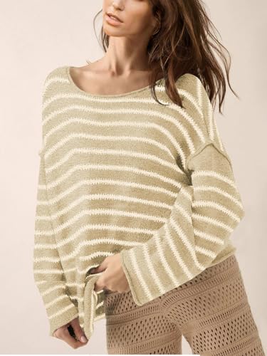 Women's Oversized Striped Knit Sweater Loose Long Sleeve Drop Shoulder Pullover Sweatshirt Tops4
