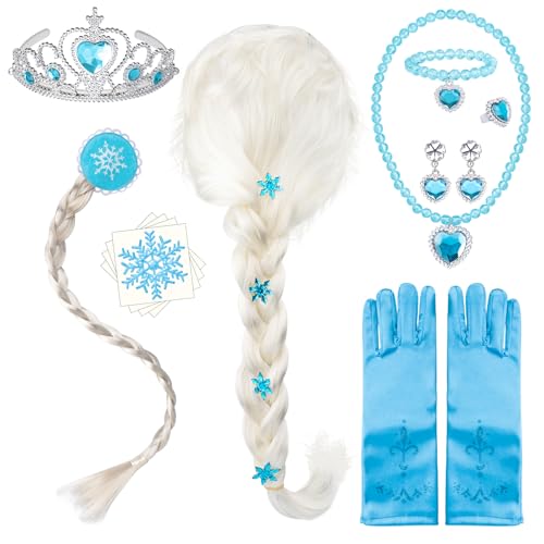 Aoocoeo Princess Dress Up Accessories Set Ice Queen Jewelry Hair Kit Wig Braid Crown Gloves Necklace Bracelet Earrings Ring Snowflake Stickers