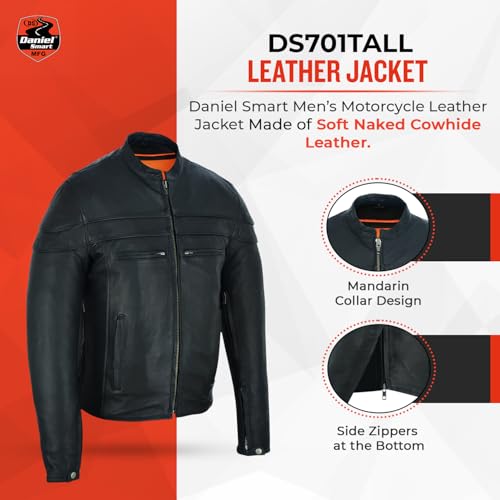 Daniel Smart Mens Leather Motorcycle Jacket Sporty Leather Mens Jacket with Stripe Detailing and Multiple Storage Pockets