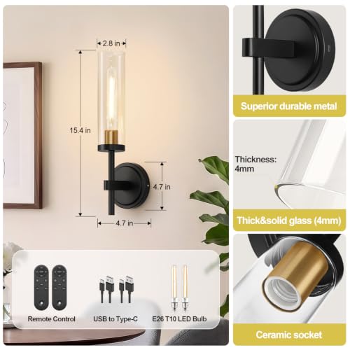 Image of Battery Operated Wall Sconce Set of 2,Black and Gold Wireless Rechargeable Wall Lighting Fixtures with Remote Control,Dimmable Wall Light for Bathroom ,Vanity, Living Room, Bedroom, Hallway, Stairway
