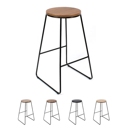 THE SECRET HOME Taburete Alto Cocina y Bar | Estilo Industrial Moderno | Asiento Madera Natural y Metal Negro | Ideal para Isla de Cocina y Desayunador | Taburete Alto Resistente | Altura 71 cm