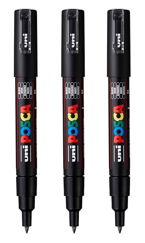 posca PC-1M Water-Based Paint Markers Extra Fine Tip (0.7mm) Black 3 Count