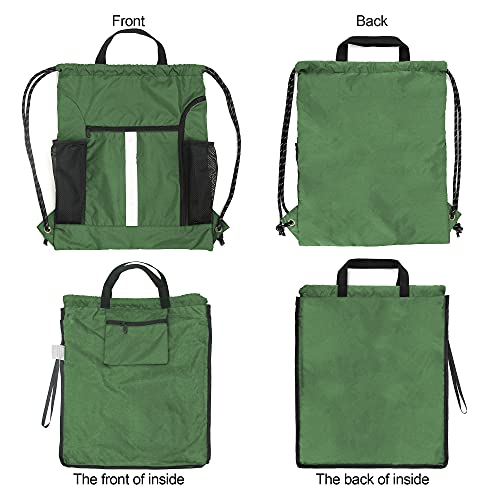 Image of BeeGreen Green Drawstring Bag Gym Cinch Backpack w Shoe Compartment and Two Side Pockets Machine Washable Sports Sinch Sack String Sackpack for Swim Equipment Beach Travel