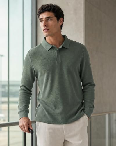 Image of Nobero Popcorn Textured Full Sleeve Polo T-Shirt for Men | Regular Fit
