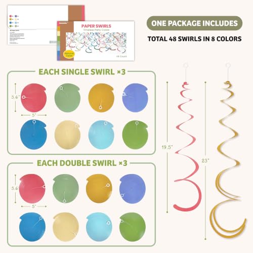 Image of HonuGoGo Boho Party Decorations, 48 Pc Retro Paper Hanging Swirls | Vintage Neutral Tone Paper Streamers with Hooks for Birthday, Baby Shower, Wedding, Brunch, Classroom & Home Celebrations