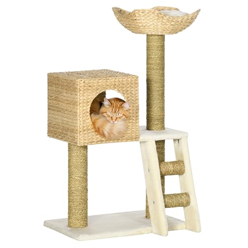 PawHut Kratzbaum 100,5 cm Katzenbaum mit Katzenhöhle, Bett, Treppe, Katzenkratzbaum mit Sisal-Kratzsäulen, Kissen, für Katzen bis 4,5 kg, Natur