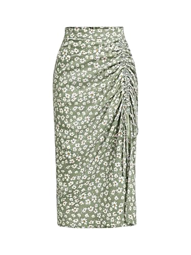 Verdusa Women's Ditsy Floral Print Ruched Skirt Split Thigh Casual Long Skirts
