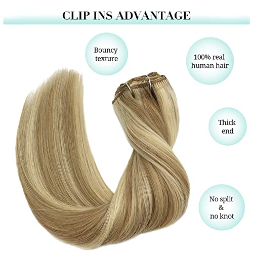 Image of DOORES Human Hair Extensions Clip in, 5pcs 75g Balayage Light Blonde Highlighted Golden Blonde 16 Inch Clip in Hair Extensions Natural Hair Extensions Straight