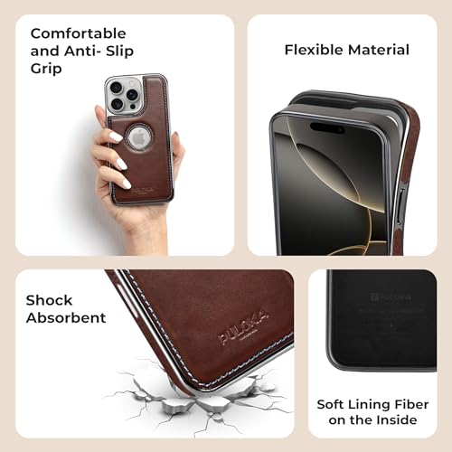 Image of PULOKA Chrome Leather Back Case - Compatible with iPhone 16 Pro - Luxury Bumper Case - Flexible Vegan Leather - Electroplated Sides & Logocut - Full Camera Protetection & Raised Edges - Brown